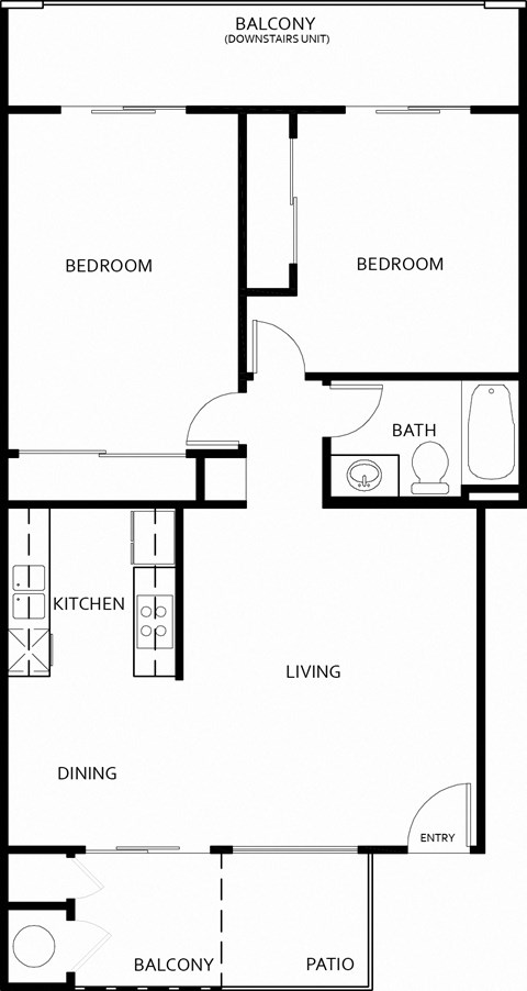 Floor plan for 2 beds, 1 bath, 900 sqft